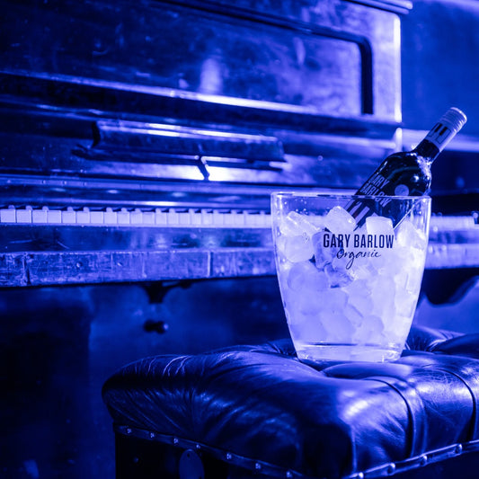 Gary Barlow Red Wine bottle chilling in a branded ice bucket, beautifully staged next to a piano under moody blue lighting.