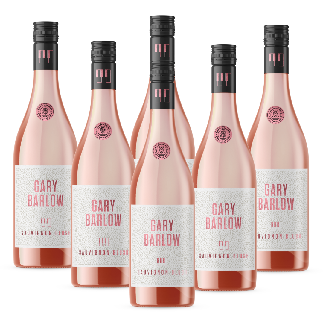 Gary Barlow Sauvignon Blush 6-pack, featuring 750ml bottles with 11% ABV. Light, fresh, and perfect as an aperitif or with smoked salmon.