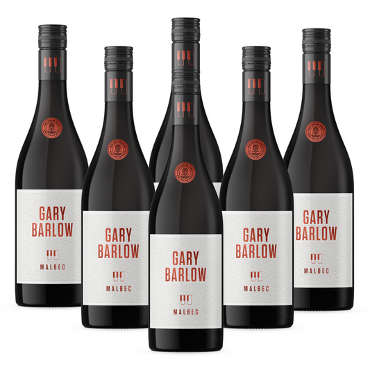 Gary Barlow Malbec 6-pack, featuring 750ml bottles with 12% ABV. Bold flavors of cherry, plum, and blackberry.