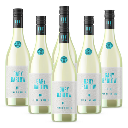 Gary Barlow Pinot Grigio 6-pack, featuring 750ml bottles with 12% ABV. Crisp, fruity, and perfect for seafood and salads.