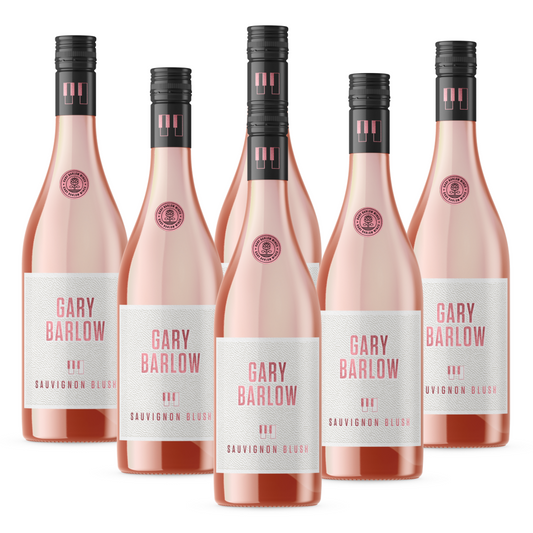 Gary Barlow Sauvignon Blush 6-pack, featuring 750ml bottles with 11% ABV. Light, fresh, and perfect as an aperitif or with smoked salmon.