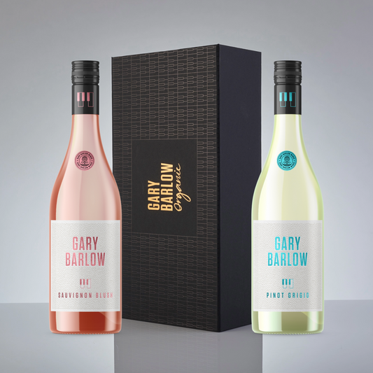 Gary Barlow Sauvignon Blush and Pinot Grigio gift set presented in a luxurious handmade embossed piano box, perfect for wine lovers and fans.