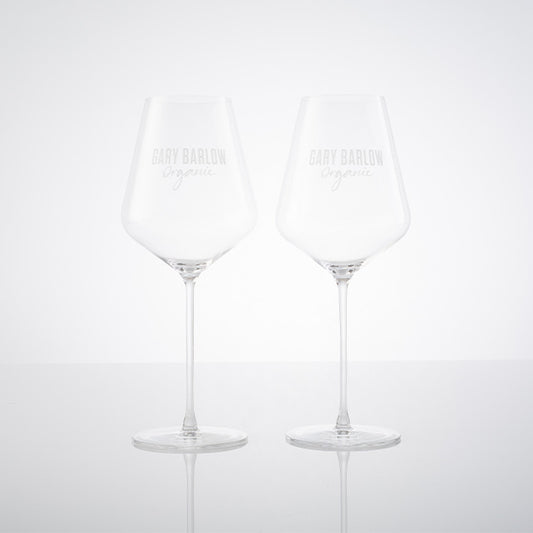 A set of two elegant Gary Barlow wine glasses, featuring a sleek design with “Gary Barlow” etched on the glass. Perfect for enjoying fine wines.