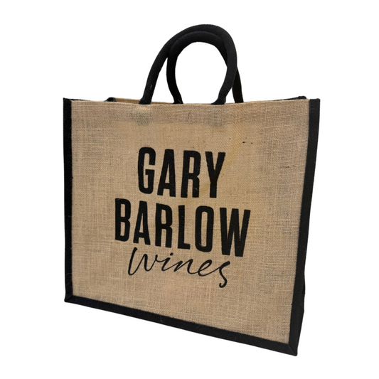 A stylish Gary Barlow Wines jute bag with black handles and bold black lettering. Perfect for shopping, carrying wine, or showcasing your fandom.