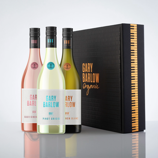 Gary Barlow Wow Box featuring three bottles of Gary Barlow Wines: Sauvignon Blanc, Sauvignon Blush, and Pinot Grigio, presented in a stylish copper-embossed box with a piano key design.